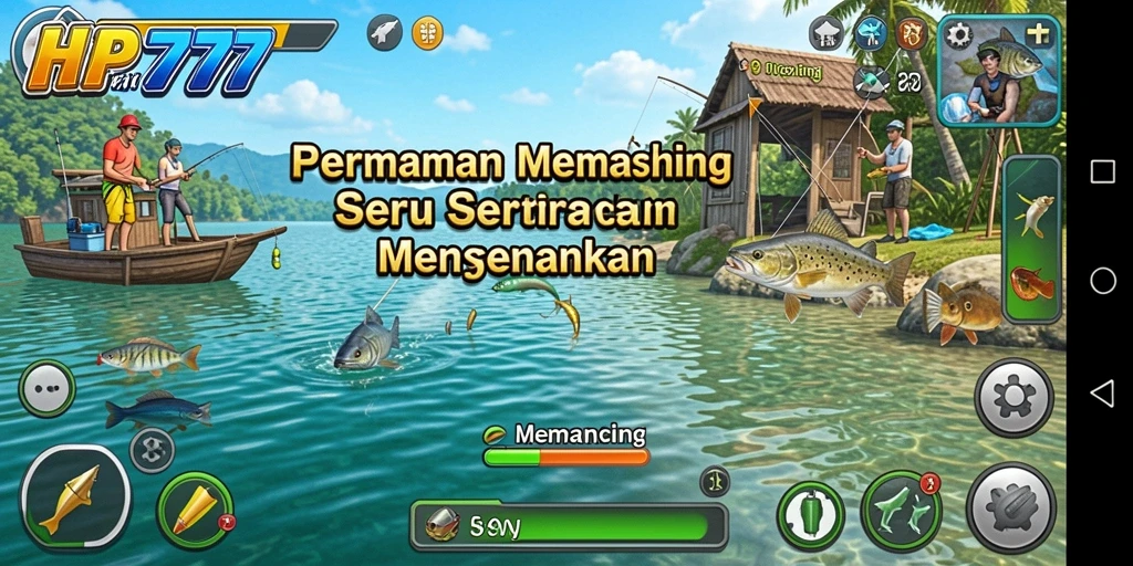 Screenshot HP777 menampilkan antarmuka memancing yang menarik dan penuh warna.