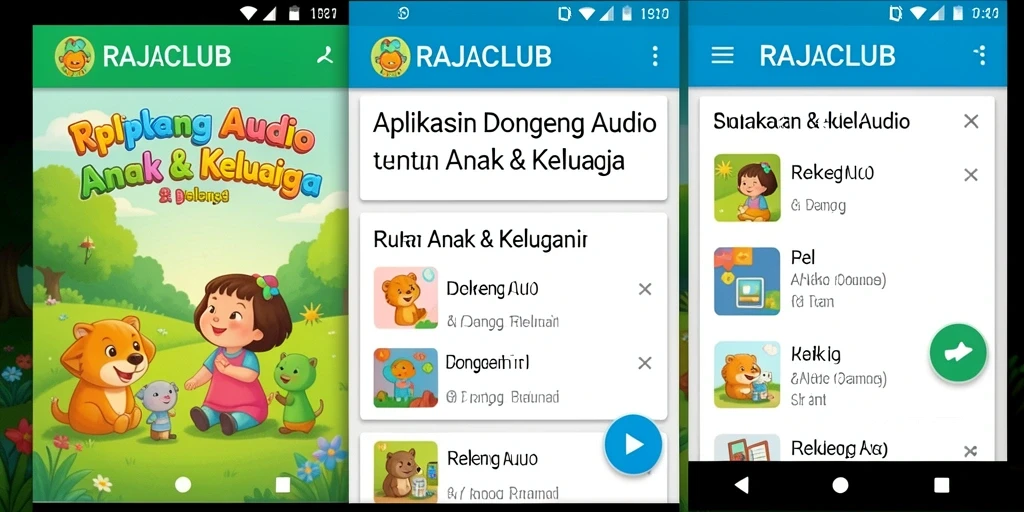 Tampilan antarmuka RAJACLUB yang ramah anak saat memilih dongeng audio.